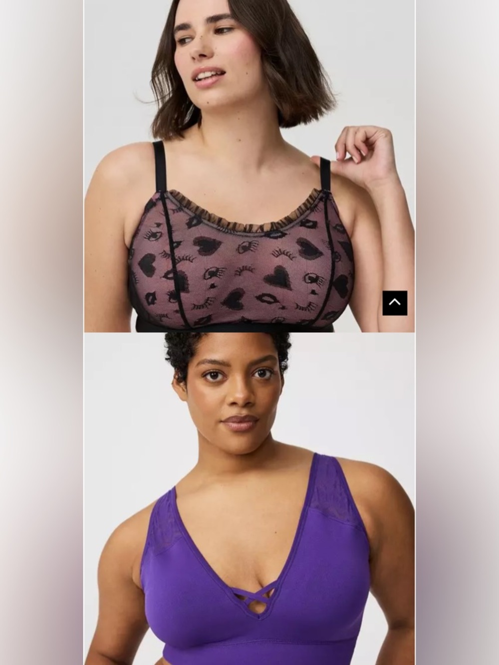 Lot of 2 Torrid Bralettes - Black Sheer Lace Over Pink Mesh & Purple Molded Cup